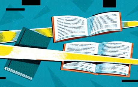 Illustration by Mar Hern&aacute;ndez of scissors cutting books.