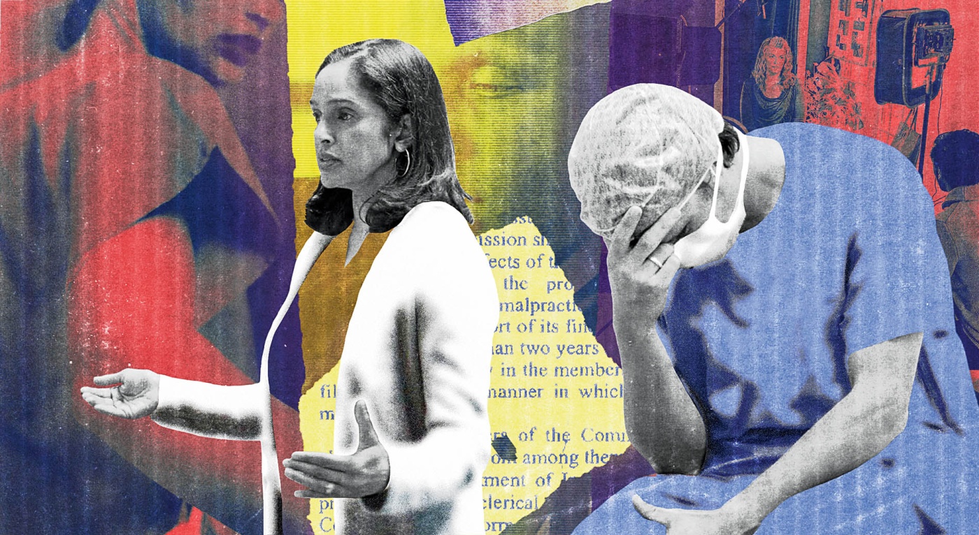 Illustration by Celina Pereira of a dr in a white coat explaining something and another dr in scrubs holding their head in their hands