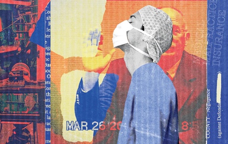 Illustration by Celina Pereira of a dr in scrubs with someone swearing in behind him