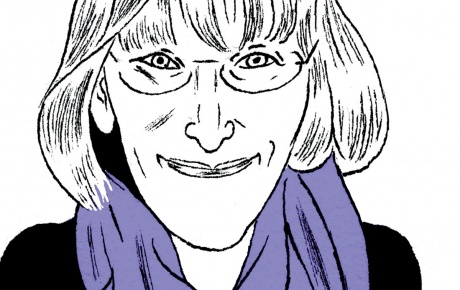 Drawing of Susan Greenfield &rsquo;83 writing in a book