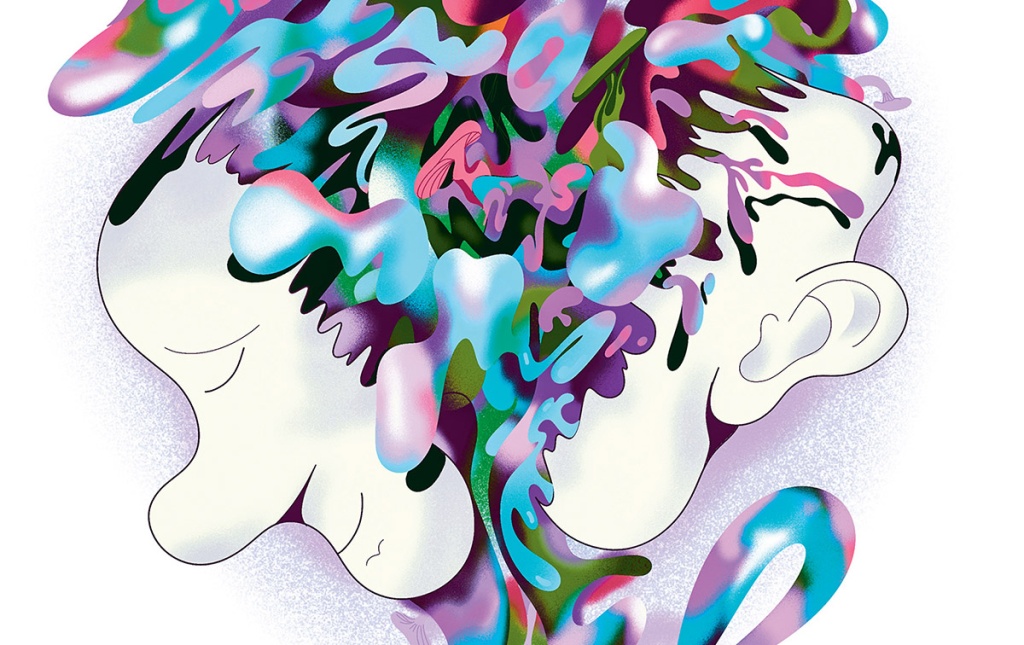 Illustration by Karol Banach of two parts of a head with trippy squiggles in the middle