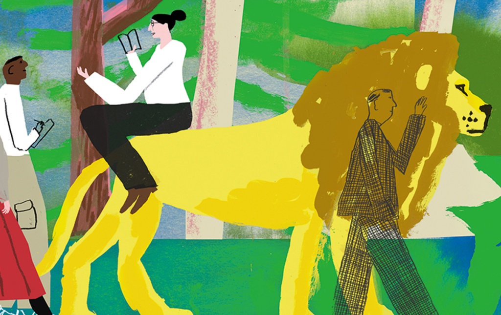 Illustration by Luke Best of a teacher teaching a class holding a book while riding a lion.