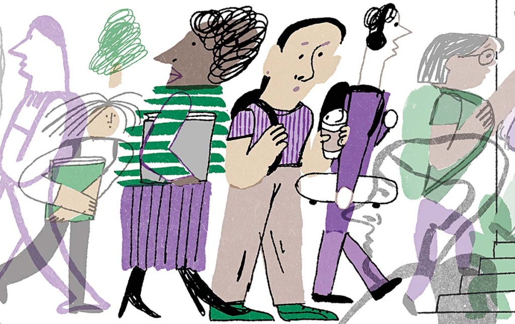 Illustration by Lena Yokoyama of individuals walking and holding various objects.