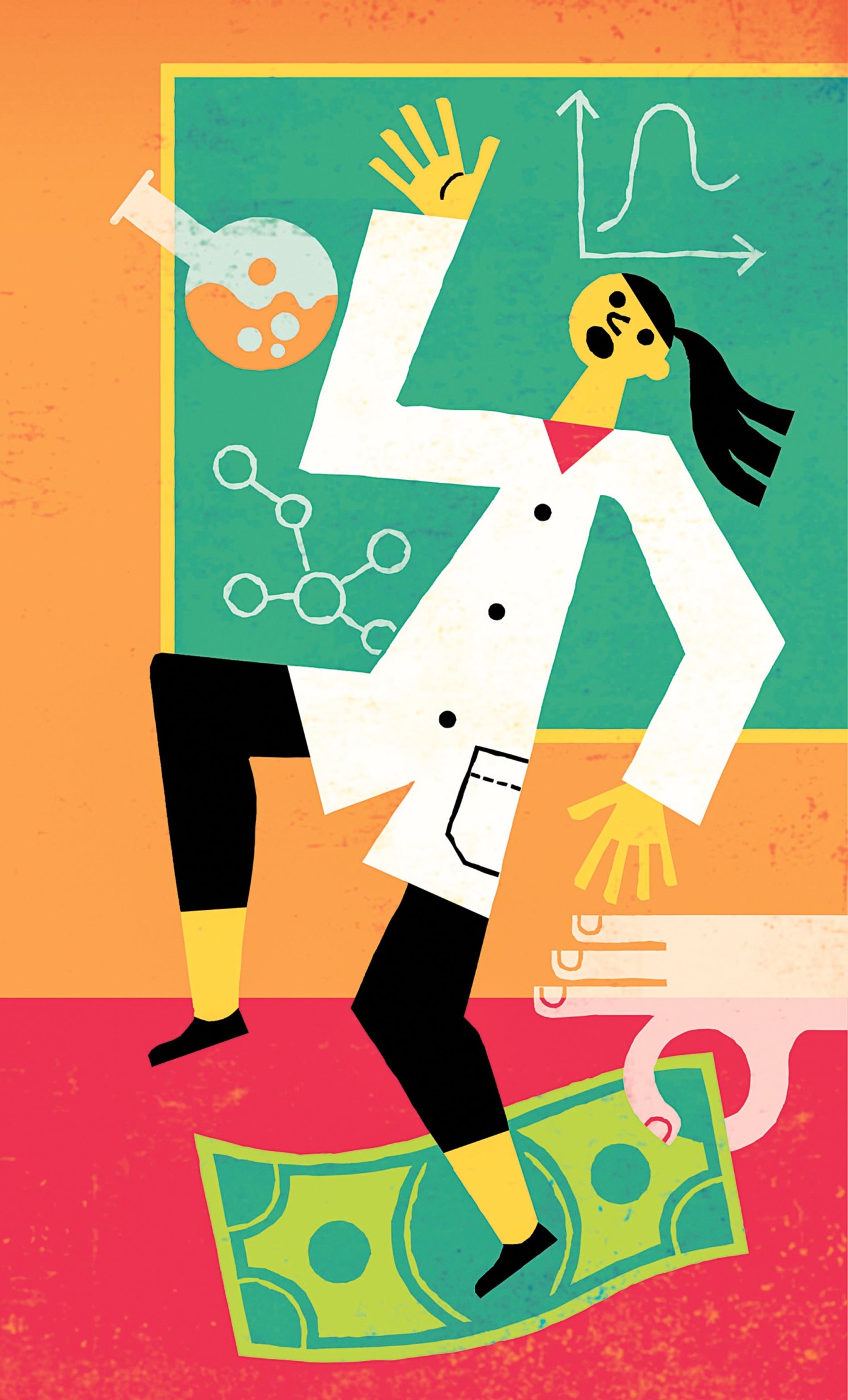 Illustration by Tim Cook of a professor slipping on a dollar bill being pulled out from under, with chalkboard behind and a beaker flying through the air. 