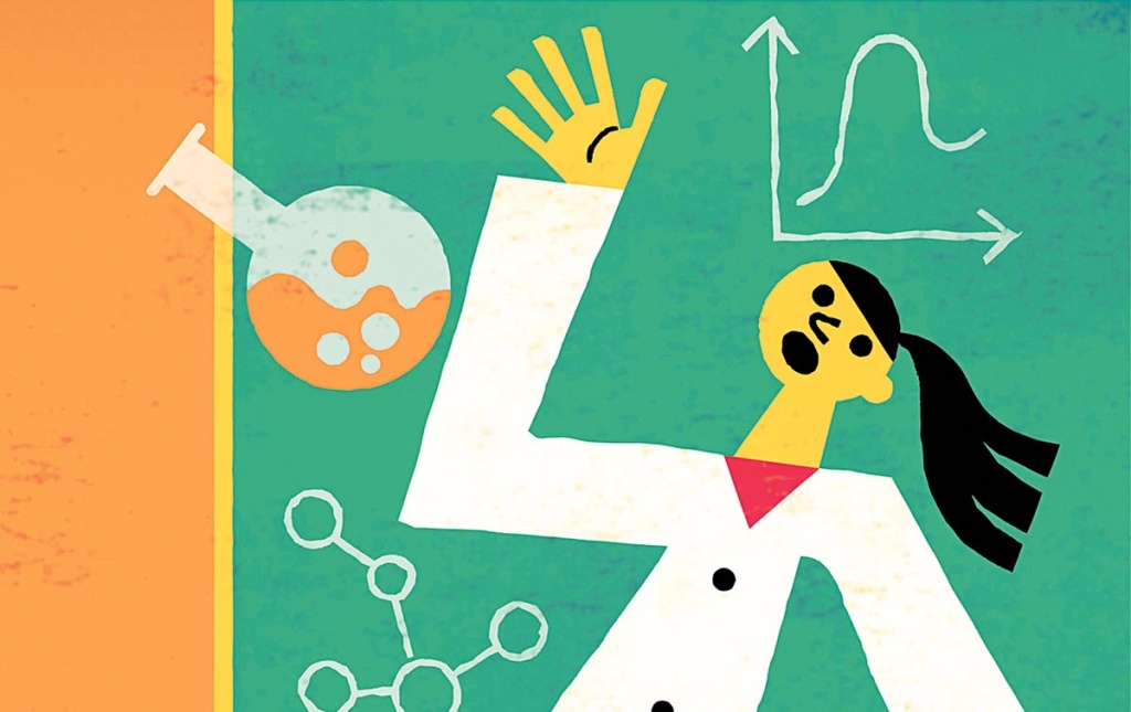 Illustration by Tim Cook of a professor with chalkboard behind and a beaker flying through the air. 
