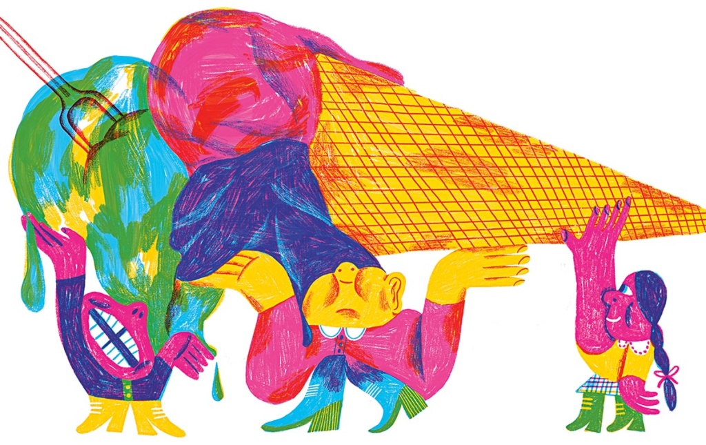 Illustration by Alic Piaggio of 3 characters holding up a life- ice cream cone