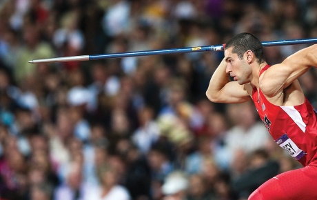 Image of Craig Kinsley &rsquo;11 about to throw a javelin in the 2012 London Olympics