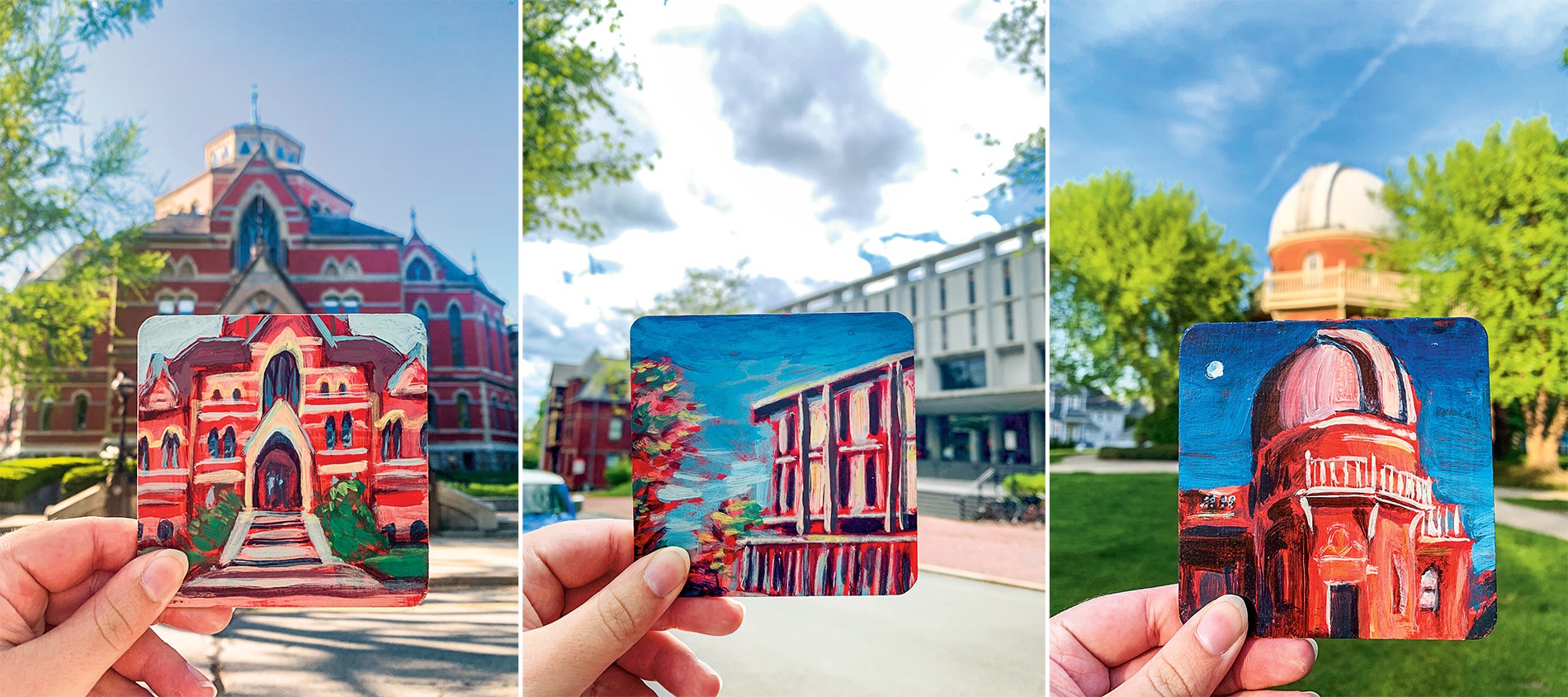 Photos and paintings by Hadley McCormack of various buildings on campus.