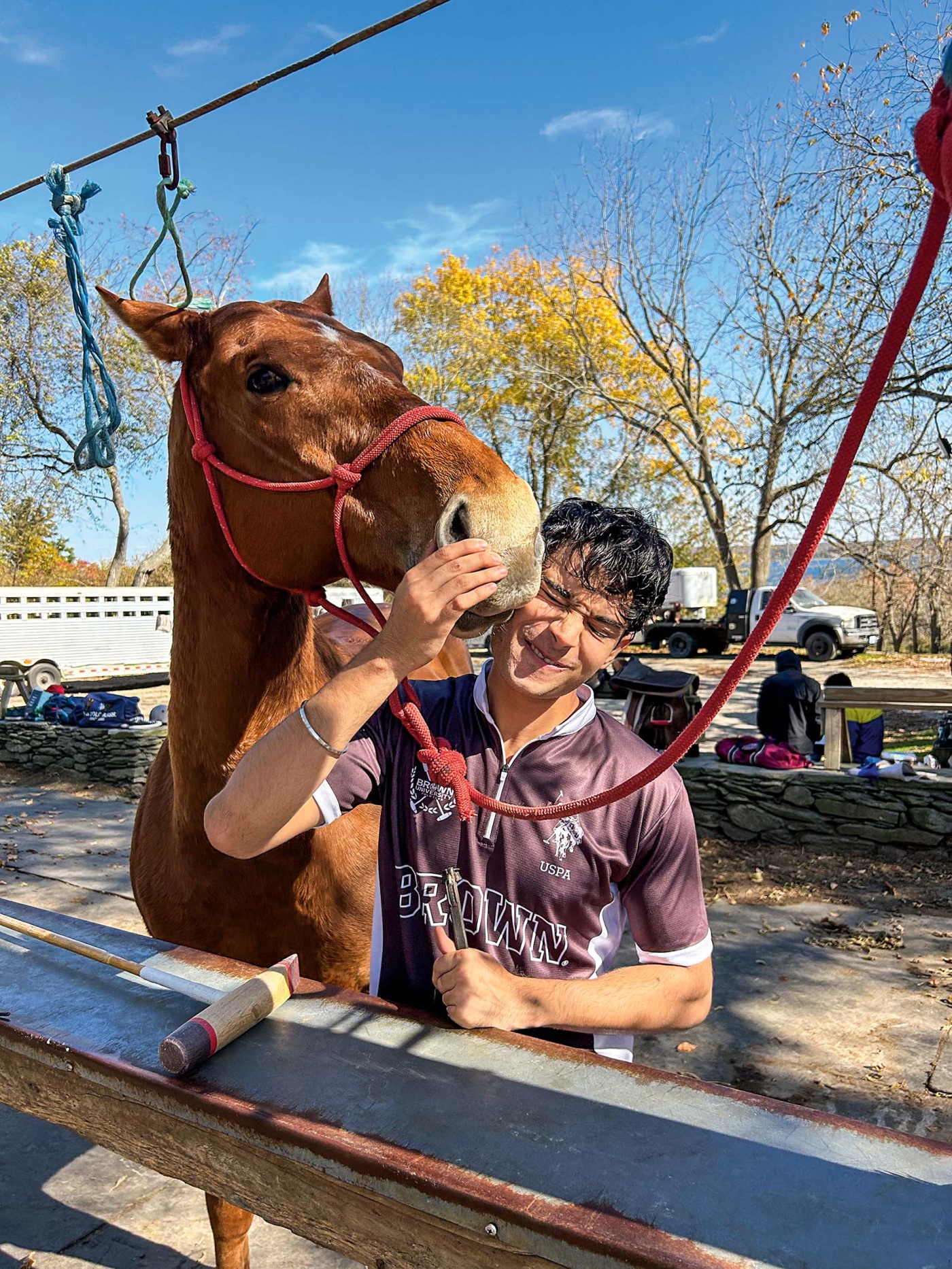 Image of a horse sniffing a student's head.