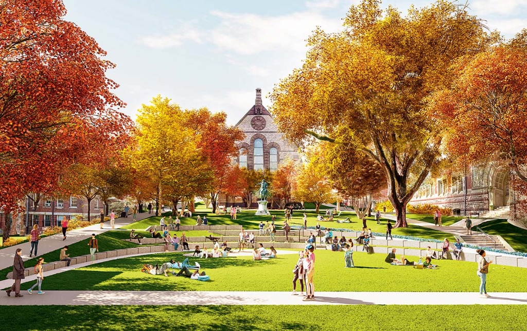 AI rendering of an amphitheater on Simmons Quad in the fall