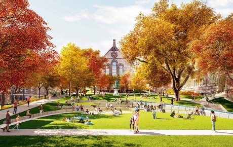 AI rendering of an amphitheater on Simmons Quad in the fall