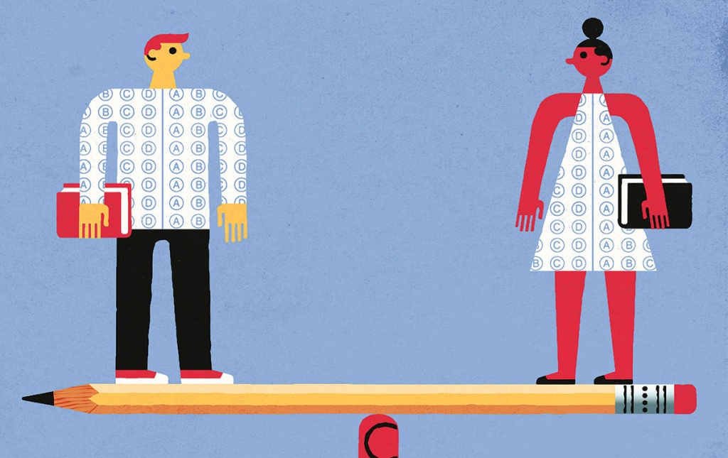 Illustration by Tim Cook of two students balancing on a pencil held up by a finger.