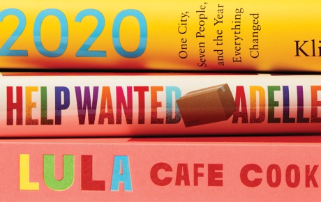 Image of book spines by Adelle Waldman, Eric Klinenberg, and Jason Hammel.