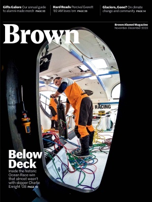 Image of Brown Alumni Magazine's November&ndash;December 2023 cover featuring Charlie Enright &rsquo;08 in his racing boat